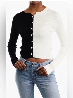 J.ING Black & White Colorblock Ribbed Knit Cropped Cardigan Top NWT S/M
